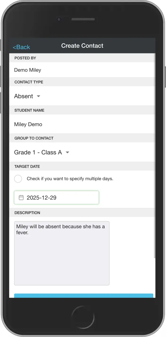 Contact to School - Create screen