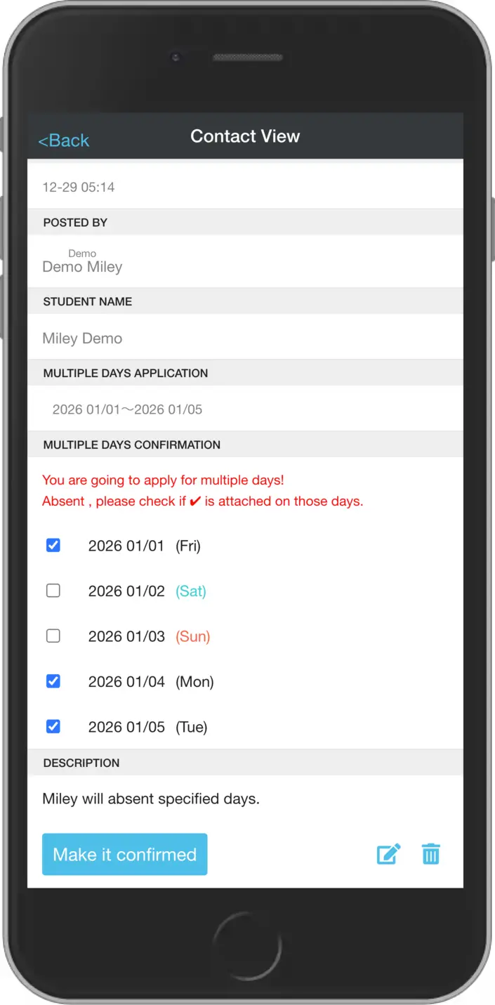 Contact to School - view screen 2 (multi-day)