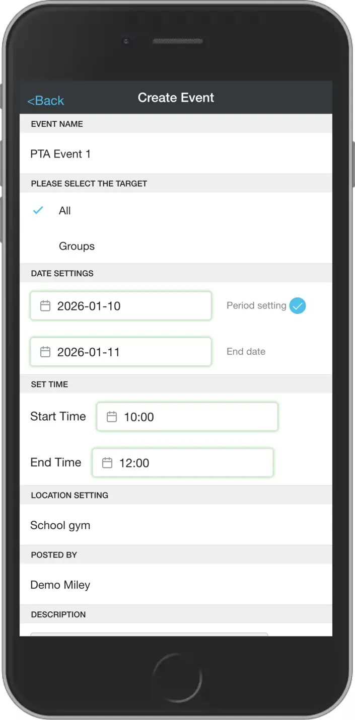 Event List - create screen (top)