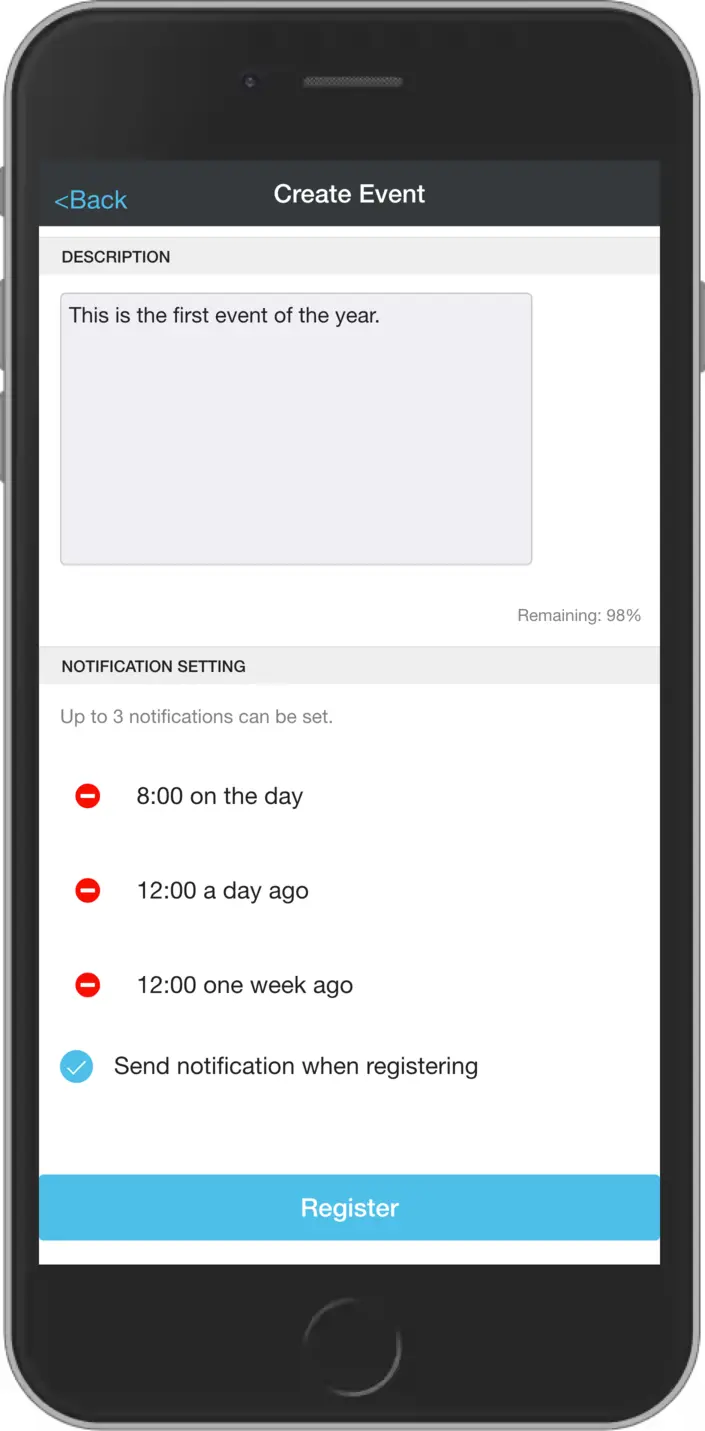 Event List - create screen (bottom)