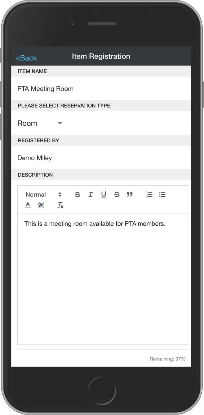 Reservation - Create new reserve item (top)